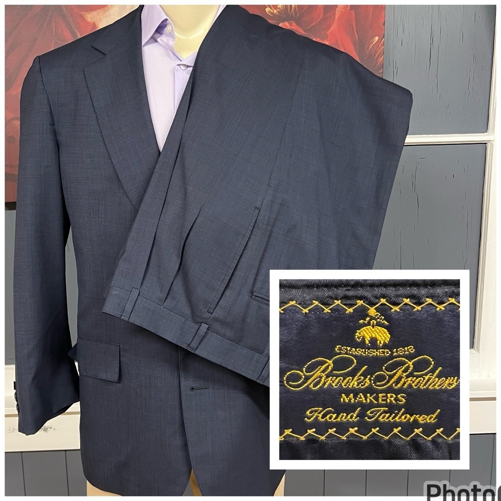 Vintage Brooks Brothers Suit Mens 43R Wool Cuffed Pleated Pants 34x29 Navy